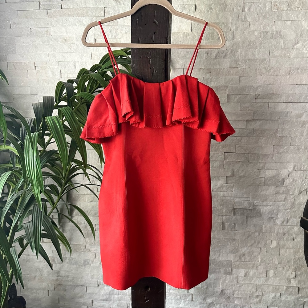 C/MEO Collective Red Orange “Affinity” Strap Ruffle Mini Dress Size M